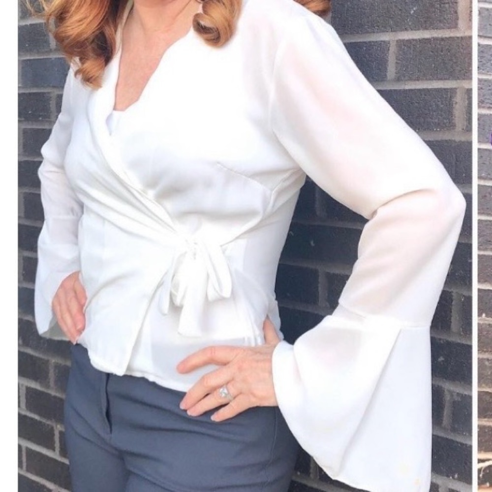 Elegant, long sleeve white wrap blouse with bell cuffs-LIKE NEW